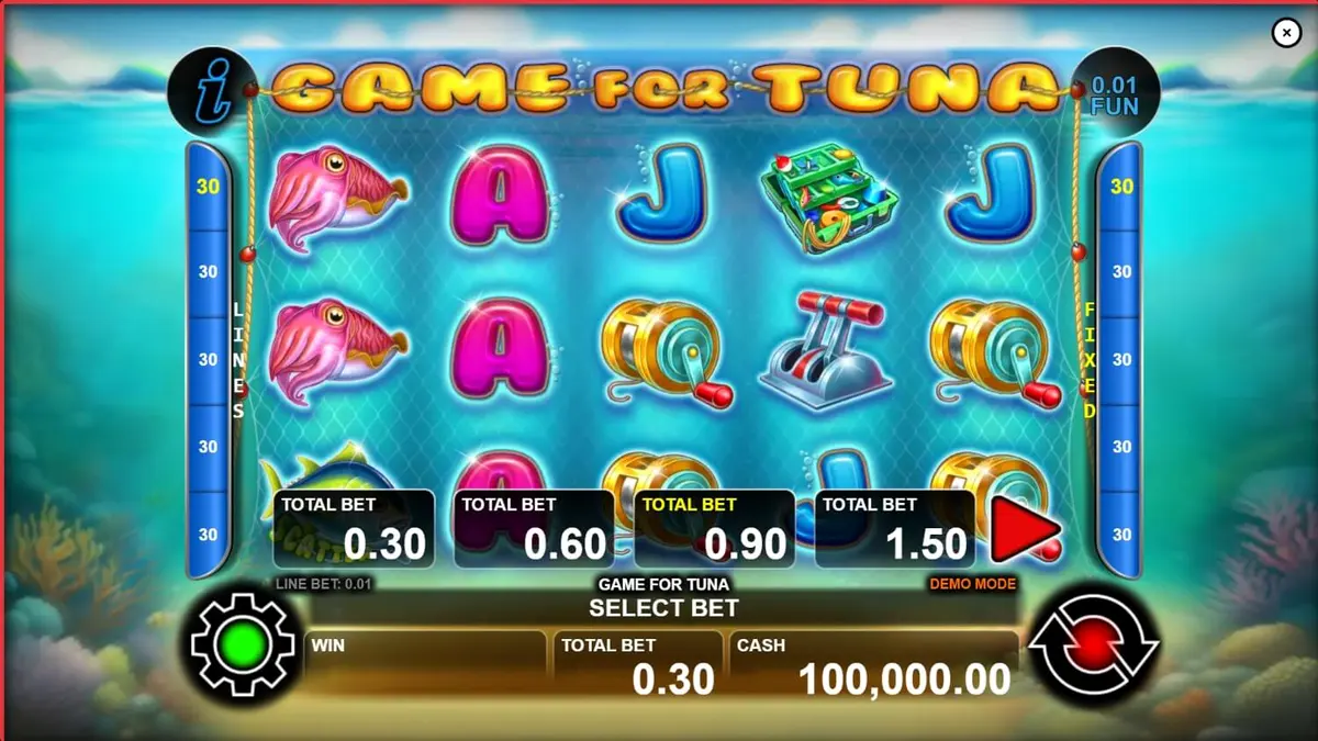 Tampilan visual bawah laut yang cerah dan karakter nelayan dalam slot Game For Tuna